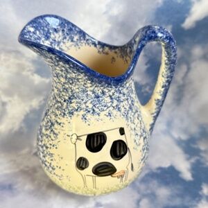 VINTAGE MOLLY DALLAS Spatterware Ceramic Cow Pitcher Hand Painted Blue White USA
